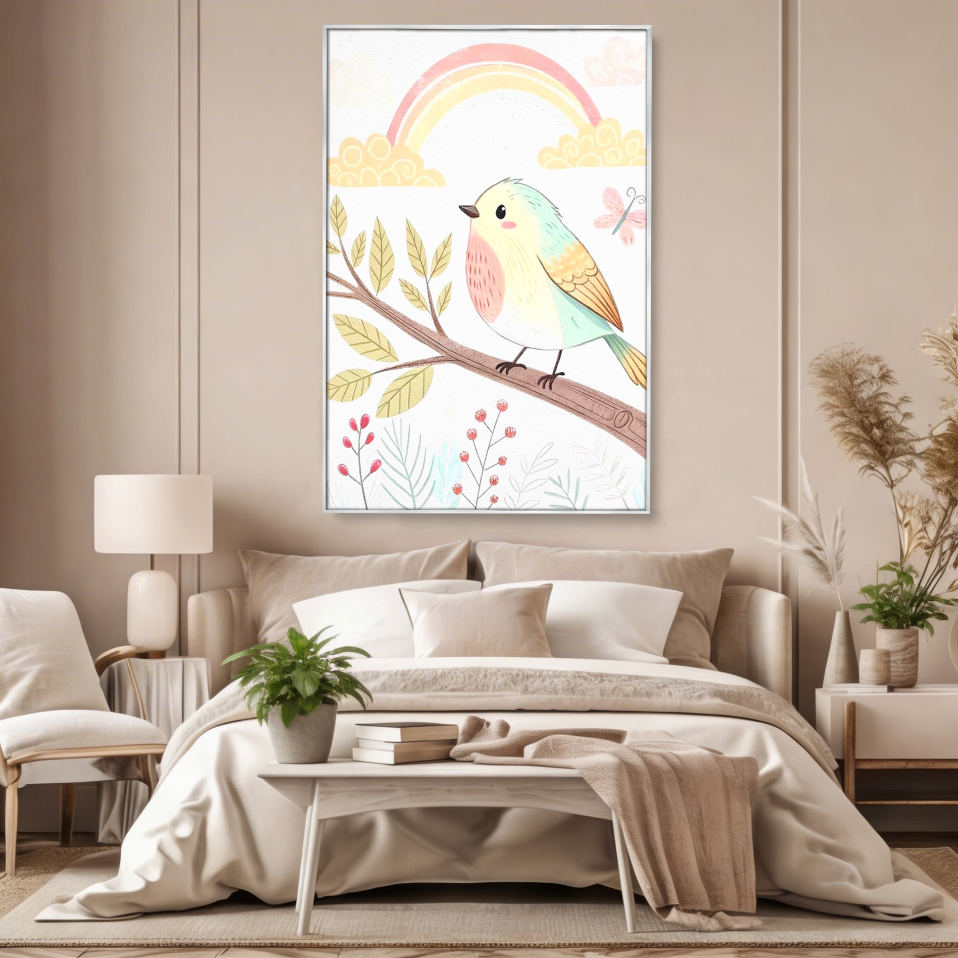 Tablou canvas cu tablou canvas cu pasare pe ramura, in rama de aluminiu argintiu, pe perete intr-un dormitor